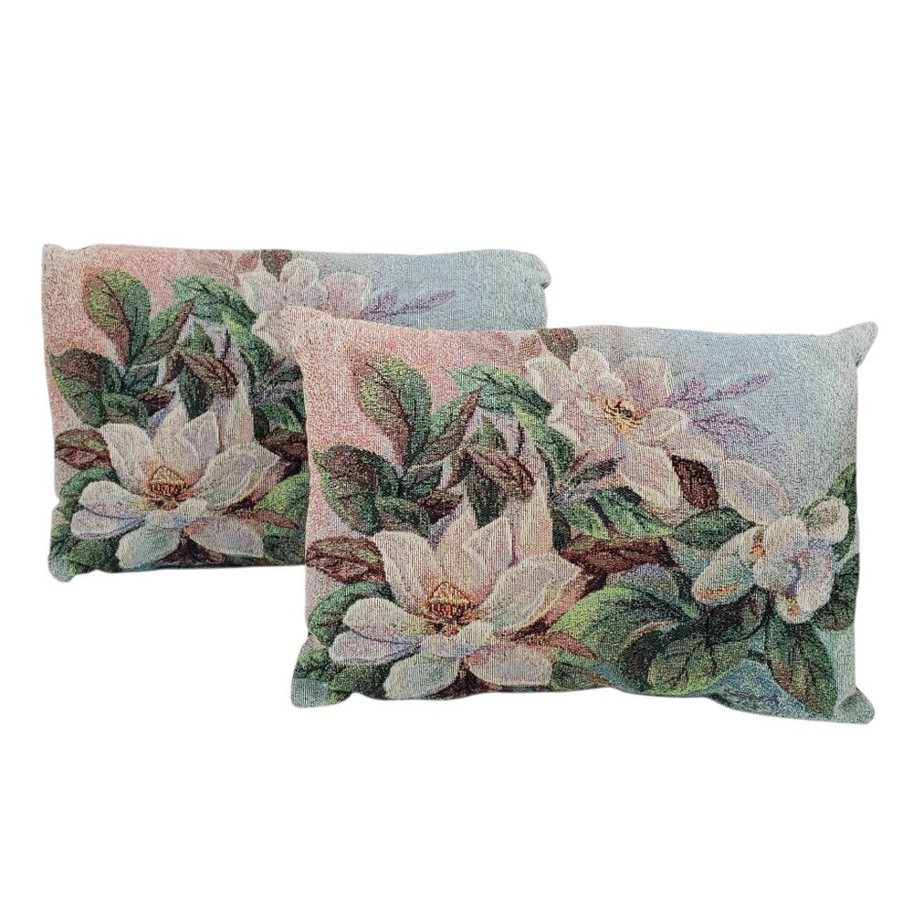Lena Liu 2 Floral Petite Point Tapestry Lumbar Throw Pillows Magnolia 16" x 12"